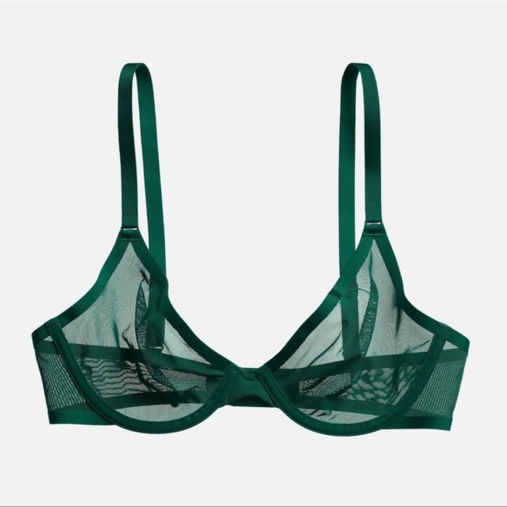 Cuup The Plunge Sheer Mesh Emerald Green Underwire Adjustable Strap Bra size 34G